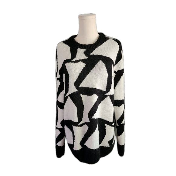 ZARA Womens Oversized Black & White Geometric Wool Blend Sweater Large 80s Style - Picture 1 of 3